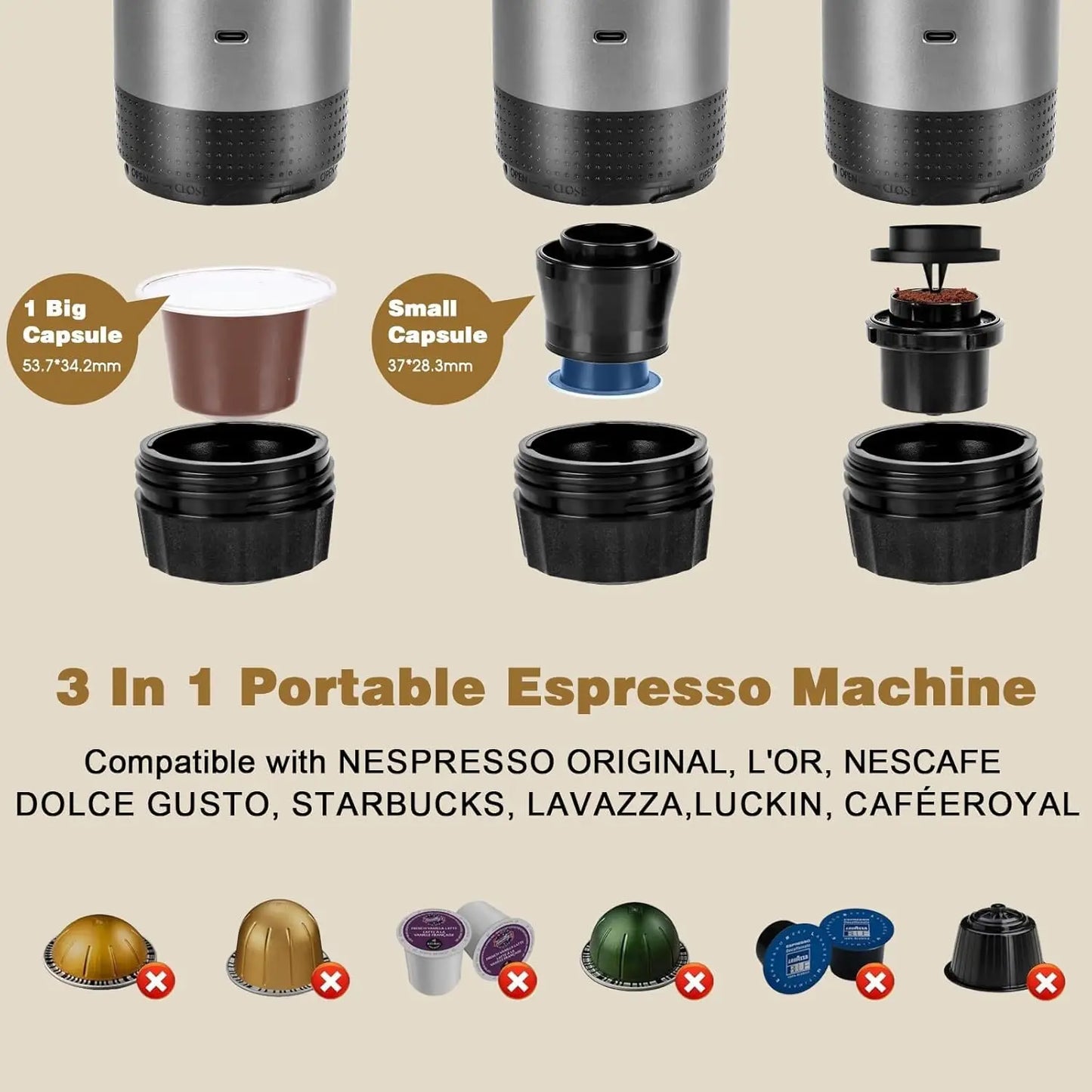 3-In-1 Portable Wireless Coffee Machine for Travel Mini Coffee Machine Compatible with Nespresso for Car & Home Coffee Maker