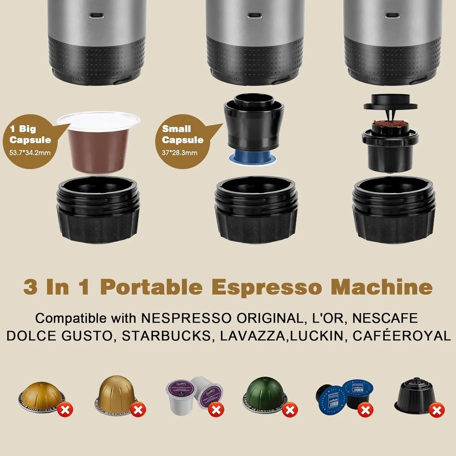 3-In-1 Portable Wireless Coffee Machine for Travel Mini Coffee Machine Compatible with Nespresso for Car & Home Coffee Maker